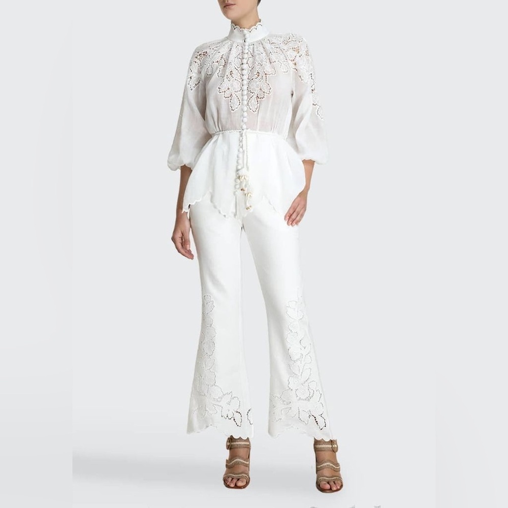 ZIMMERMANN Carnaby Scallop Broderie Anglaise Linen Flared Pants